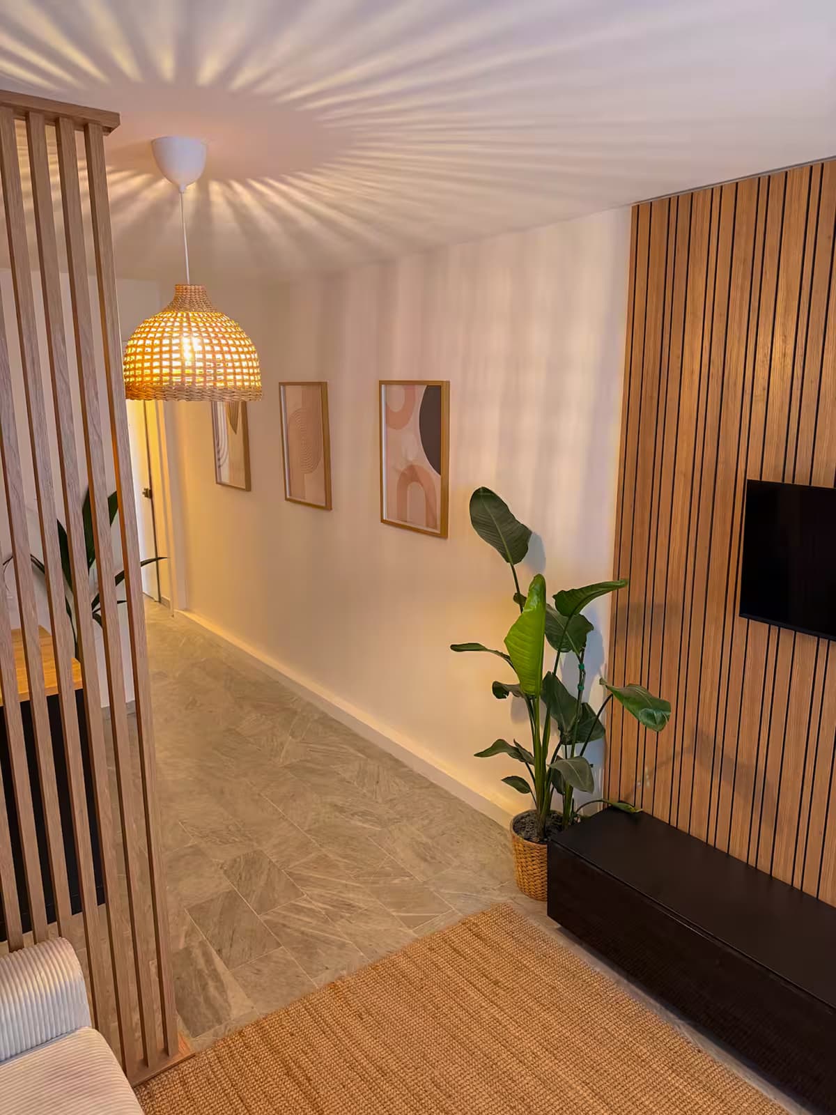 Entrée du studio du boulevard Carnot, suspension en osier et tableaux