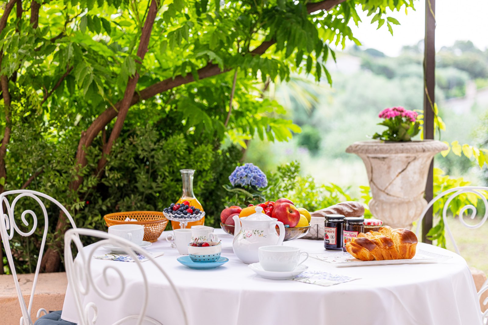 Petit-déjeuner servi au jardin dans un bien en gestion Prestigia